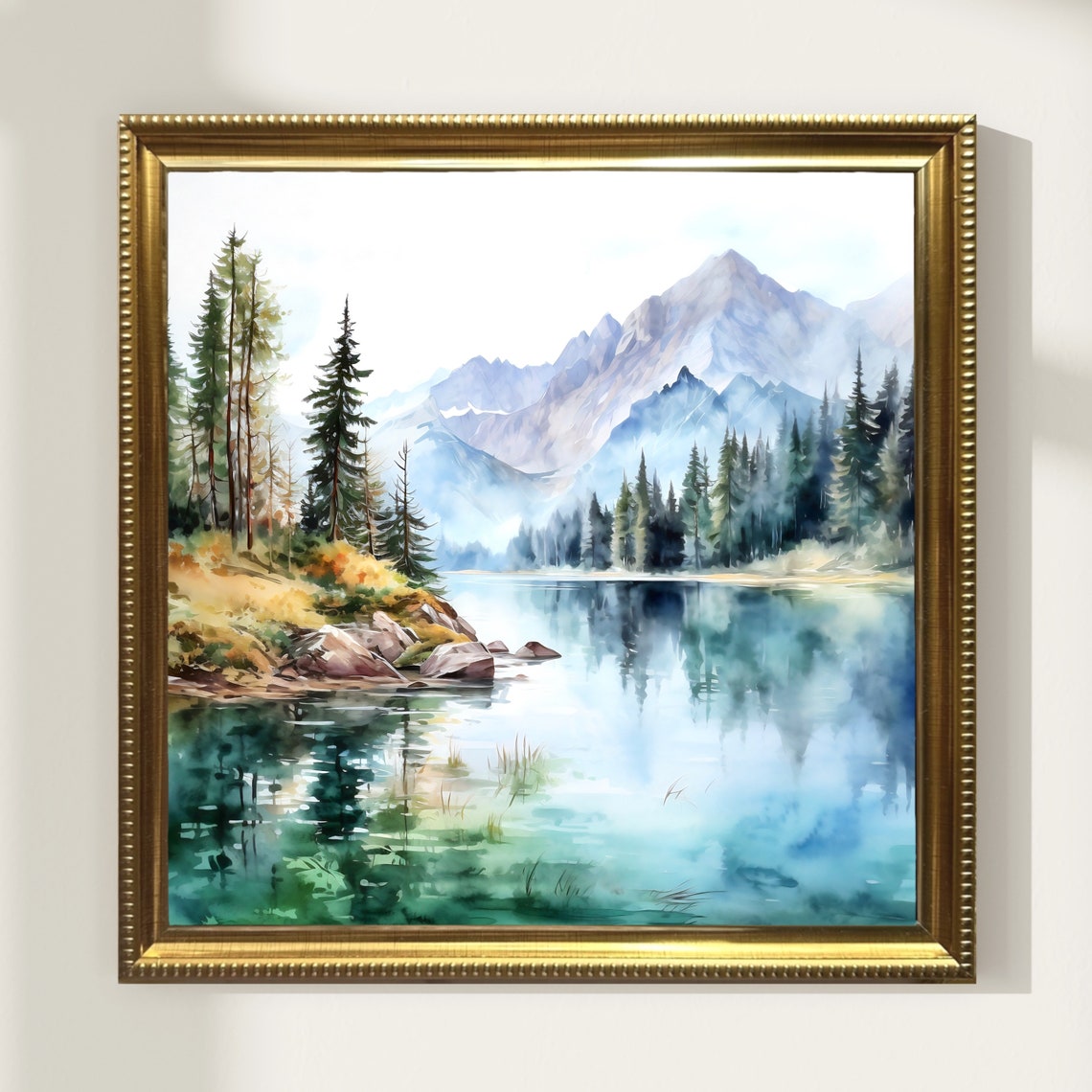 Alpine Lake Mirror Reflection Pine Forest Mountains Watercolor Poster - Image 5