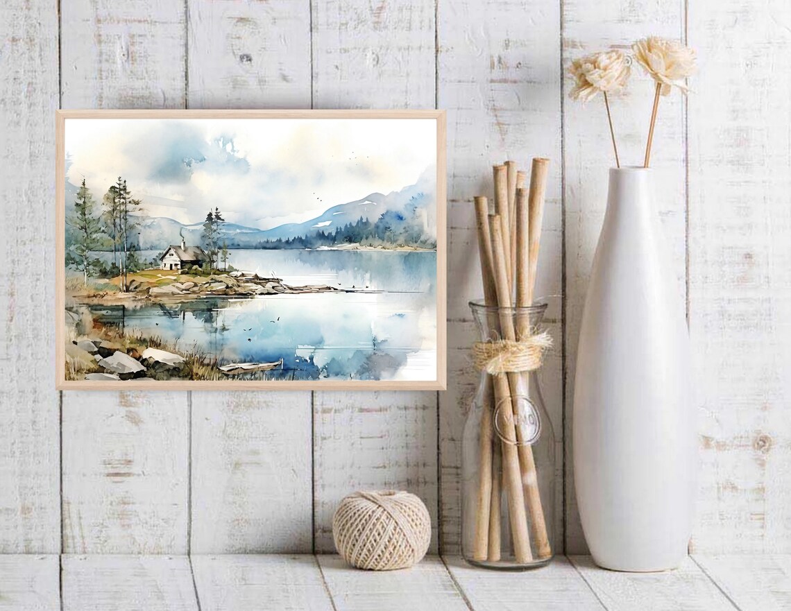 Lake House Watercolor Landscape, Norway Art Print - Image 2