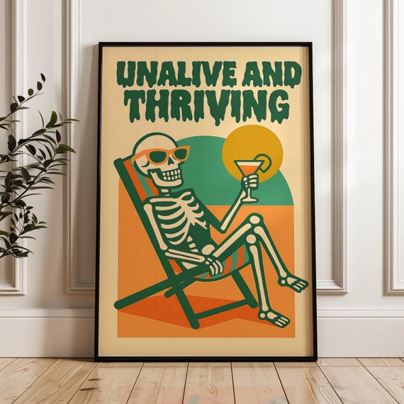Funny Skeleton Cocktail Poster Retro Beach Goth Dark Humor Wall Art