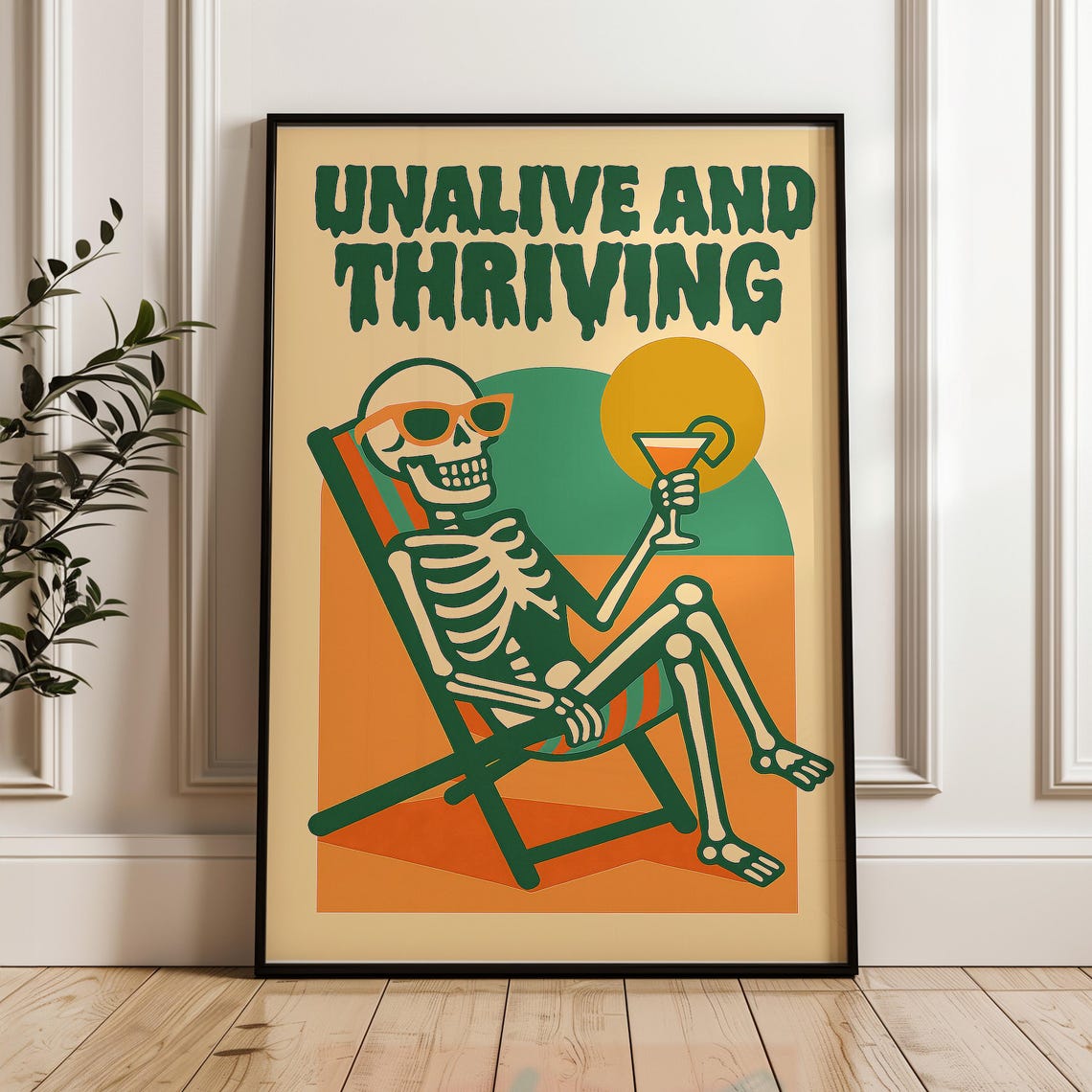 Funny Skeleton Cocktail Poster Retro Beach Goth Dark Humor Wall Art