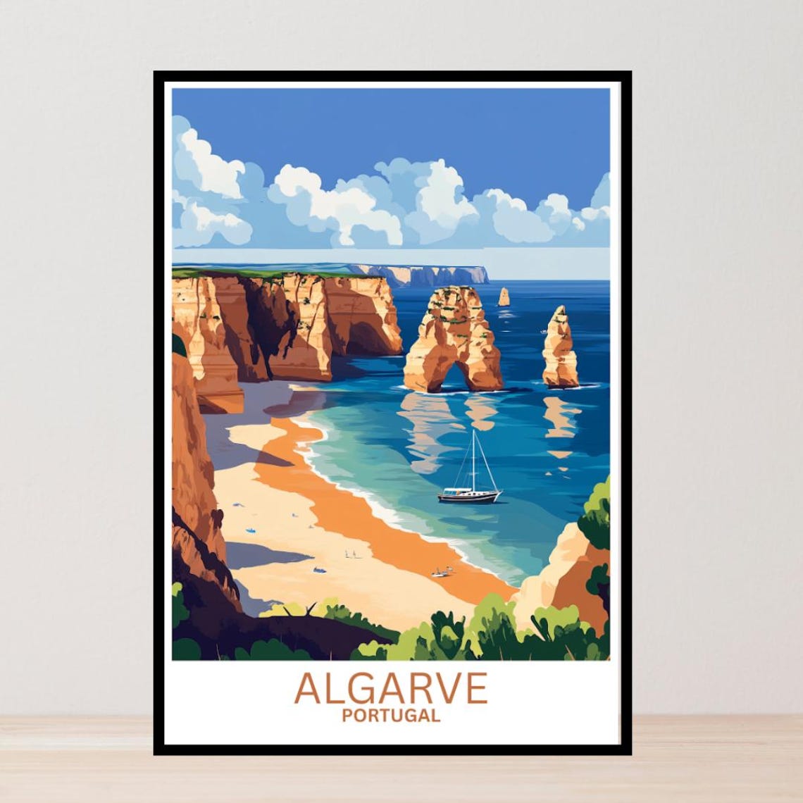 Algarve Portugal Sea Cliffs Golden Beach Sailboat Coast Poster