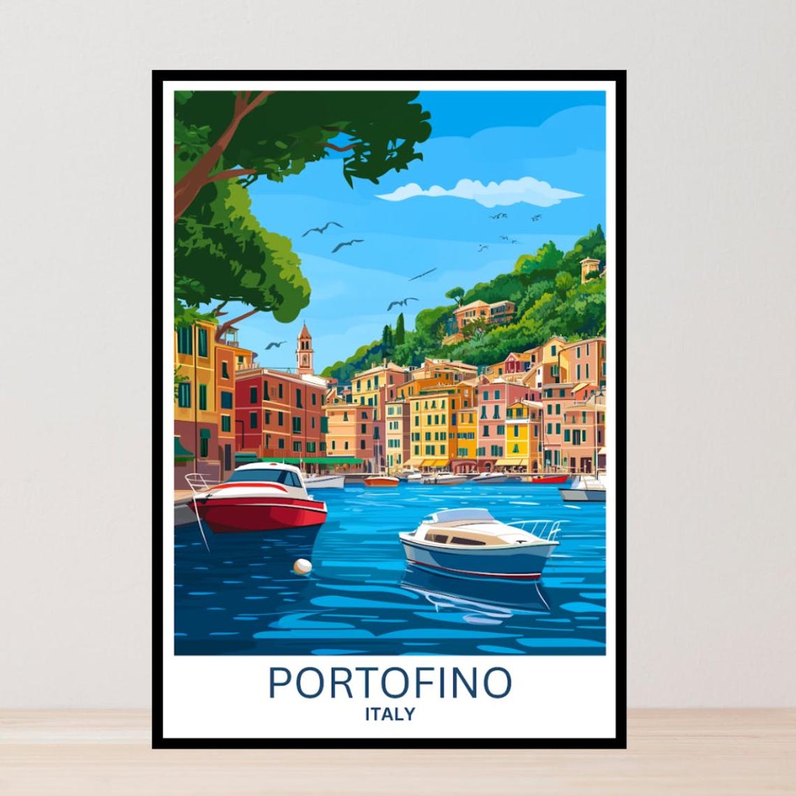 Portofino Italy Marina Motorboats Village Hill Vintage Travel Poster