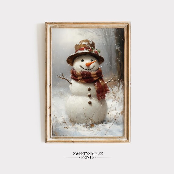 Vintage Cheerful Snowman With Scarf and Hat Winter Holiday Poster
