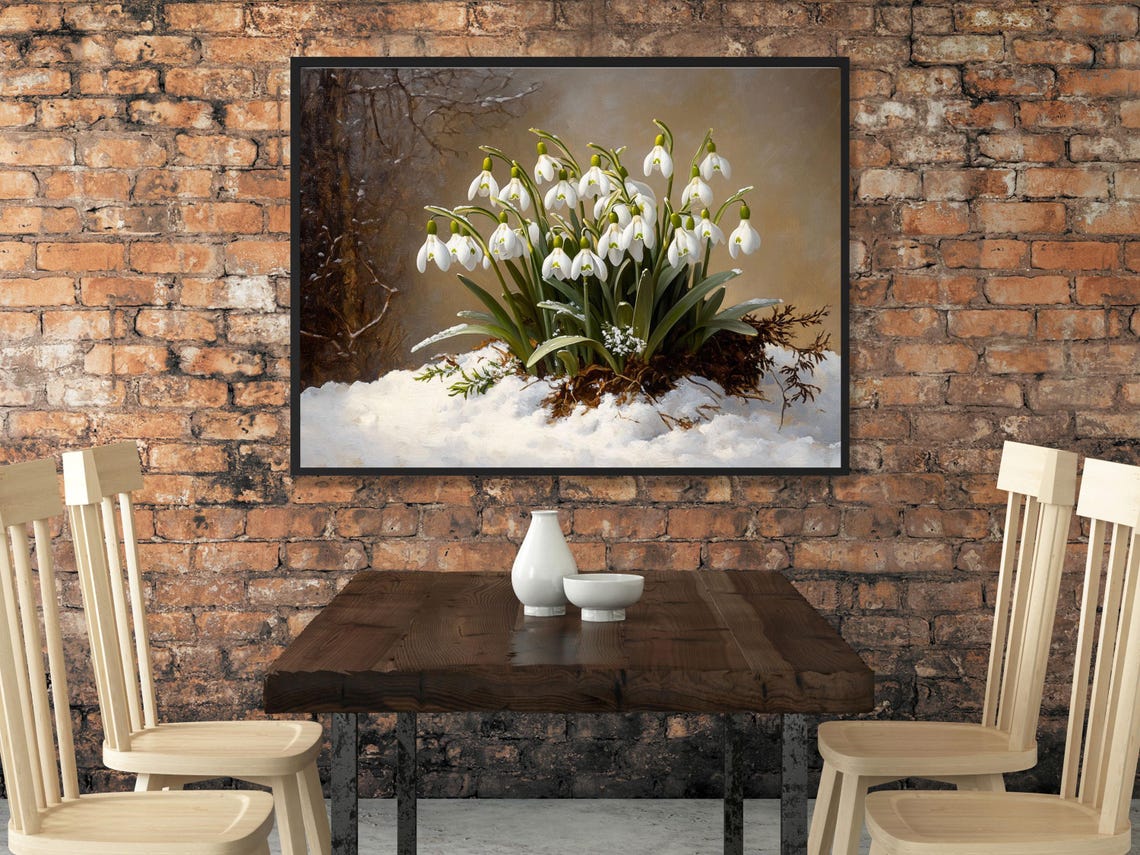 Snowdrops in a Snowy Forest, Vintage Mid-Century Art Print - Image 2