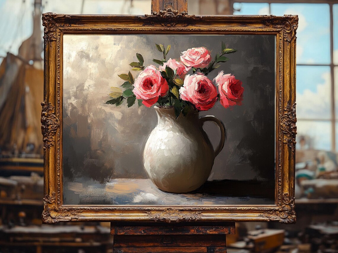 Vintage Floral Art Pink Rose Art Oil Painting Cottage Core Art Vintage Painting Prints Downloads - Image 3