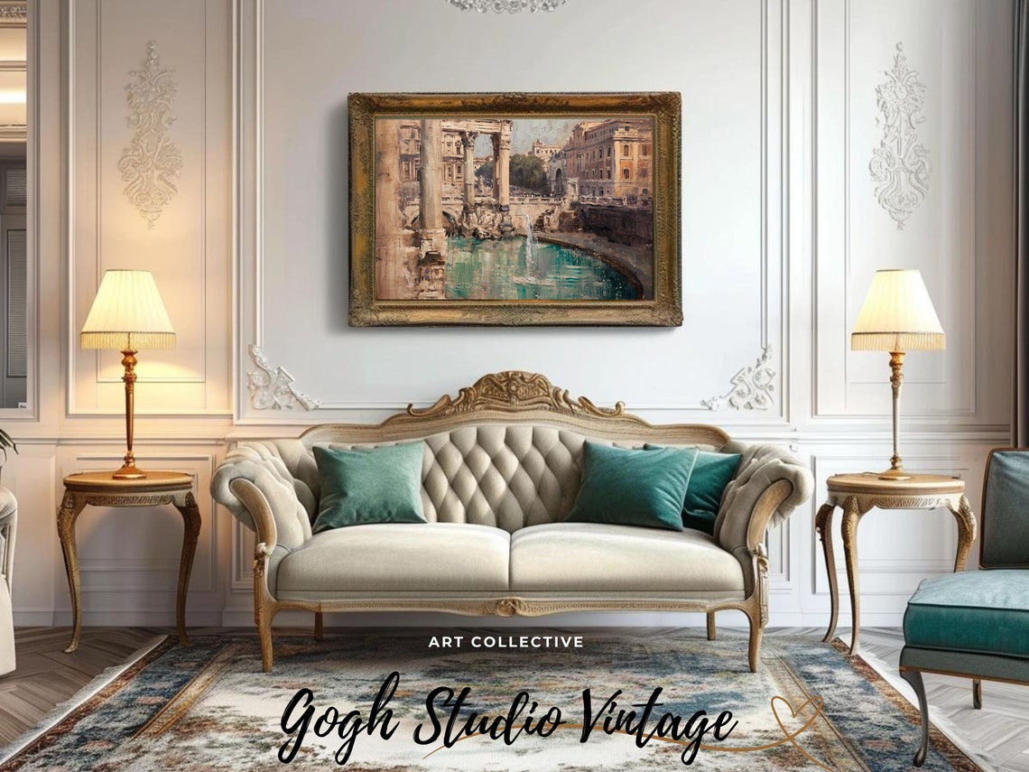 Trevi Fountain Art Rome Italy Italian City Art Giclee Print Vintage Art Antique Oil Painting Giclee Rustic Apartment And Home Decor - Image 2