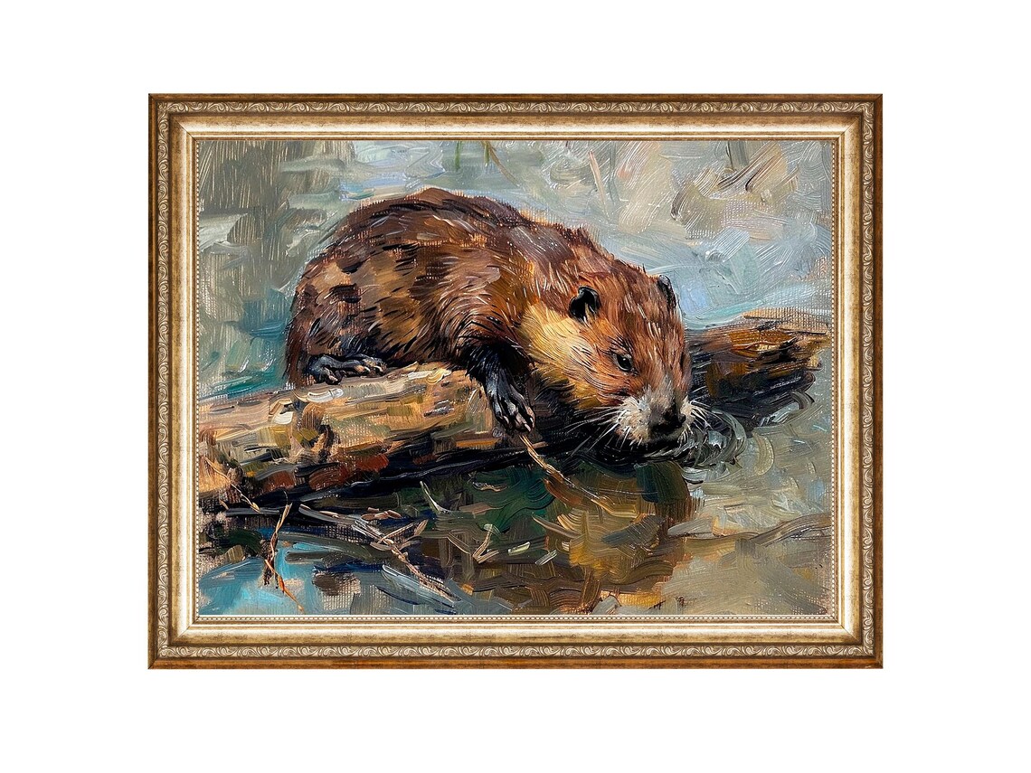 Beaver Oil Painting, Vintage Wall Art Print