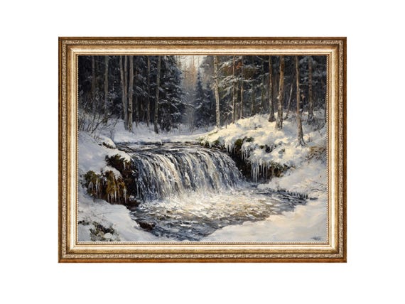 Waterfall Art Nature Wall Art Winter Waterfall Landscape Oil Painting Vintage Style Prints Cottage Core Gallery Wall Art Downloads