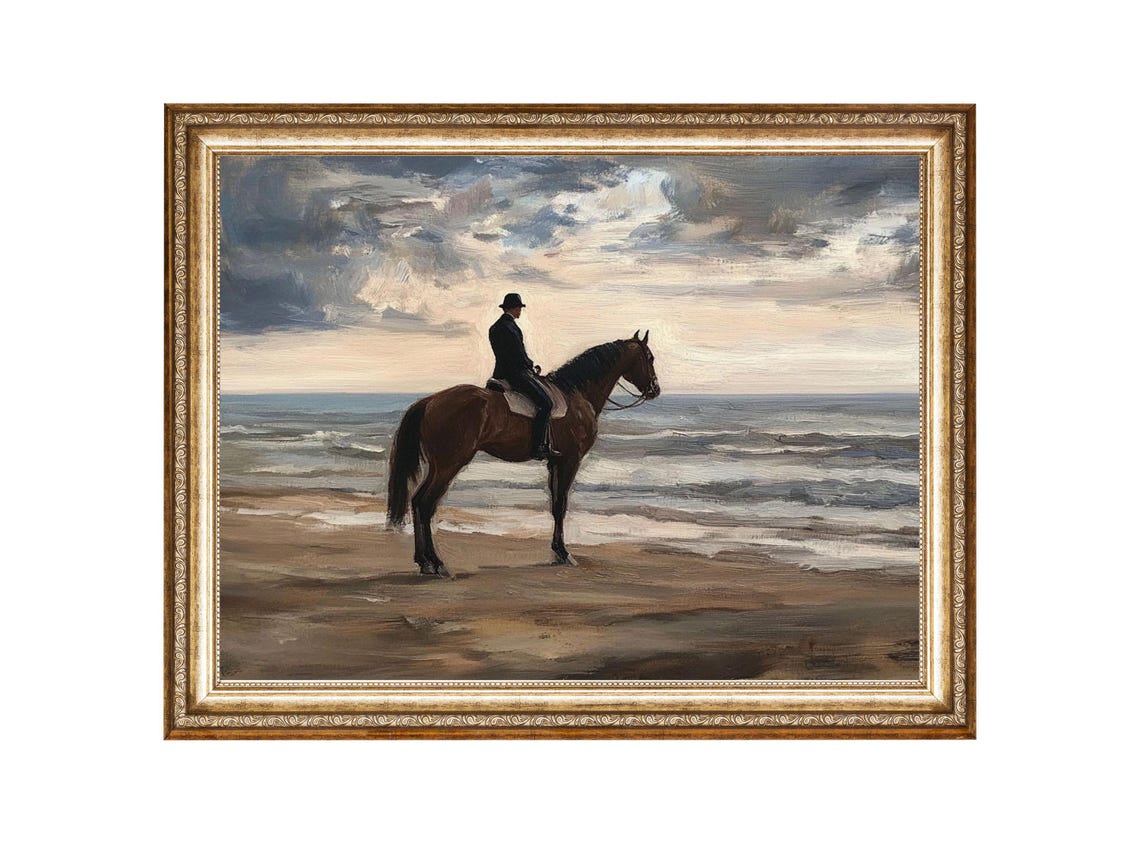 Equestrian Rider On Horseback By The Ocean Beach Art Oil Painting Cottage Core Art Best Gifts Vintage Painting Prints