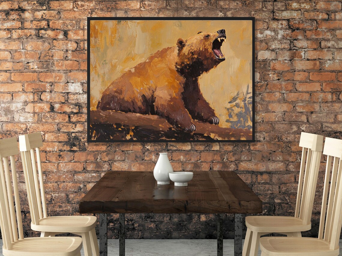 Roaring Brown Bear Bold Wildlife Oil Painting Dramatic Animal Poster - Image 2