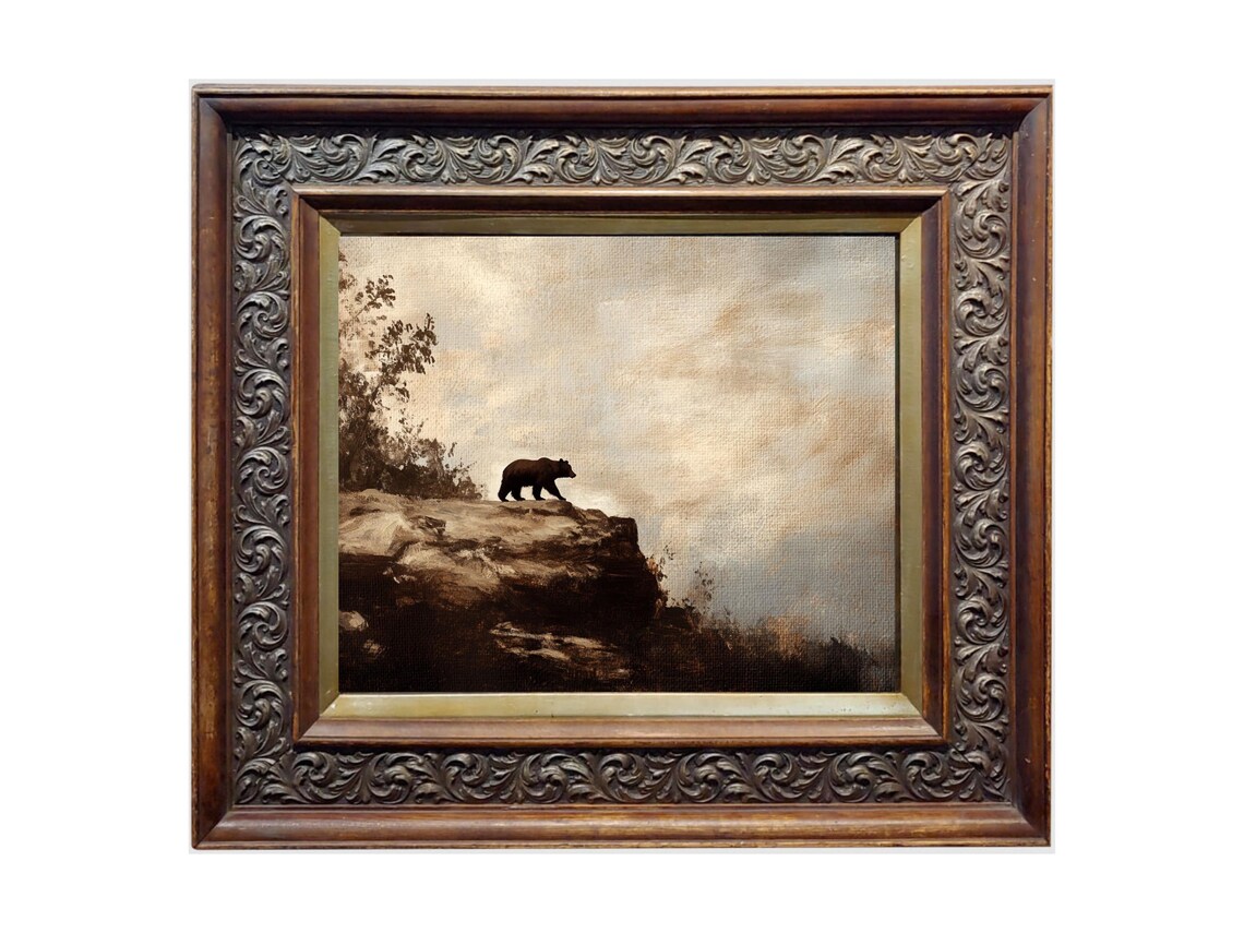 Black Bear Crossing a Rocky Cliff Edge Vintage Wildlife Oil Painting Poster - Image 2