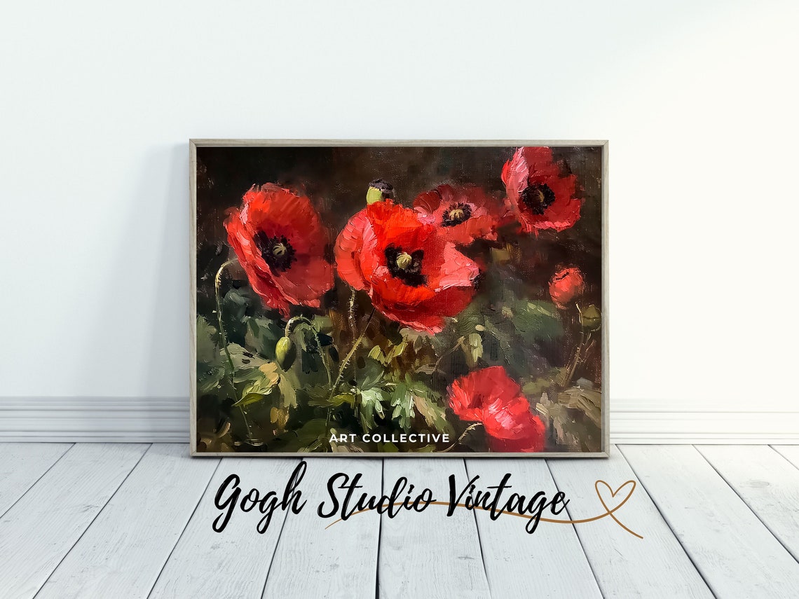 Red Poppies Flower Print Poppy Art Oil Painting Farmhouse Decor Fine Art Oil Painting Wall Art - Image 2