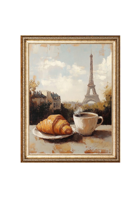 Parisian Breakfast With Croissant And Coffee Near Eiffel Tower Vintage Oil Painting Cottagecore Wall Art Wall Art Prints