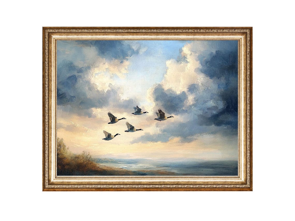 Flying Geese Birds Art Sky Landscape Art Oil Painting Cottage Core Art Best Gifts Vintage Painting Wall Art Prints
