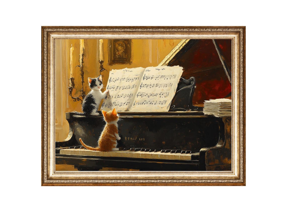 Kittens Playing Piano Music, Vintage Wall Art Print
