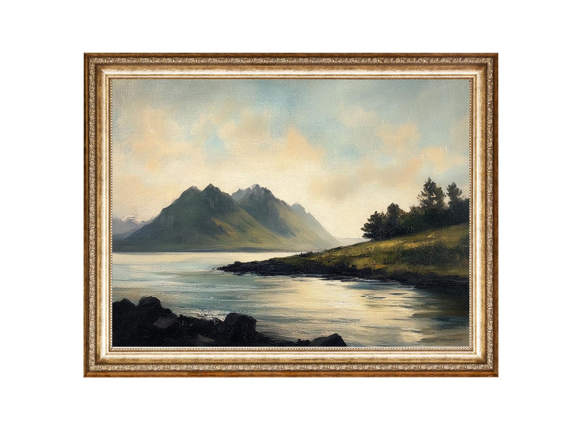 Serene Mountain Lake Landscape Oil Painting Wall Art Oil Painting Cottage Core Art Best Gifts Vintage Painting Prints