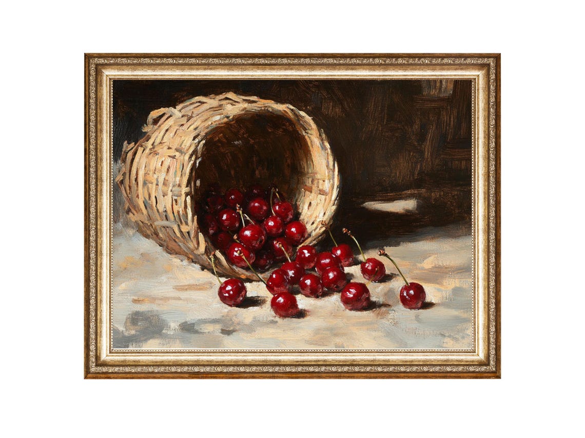 Basket Of Cherries Still Life Vintage Food Art Oil Painting Cottage Core Art Best Gifts Vintage Painting Wall Art Prints