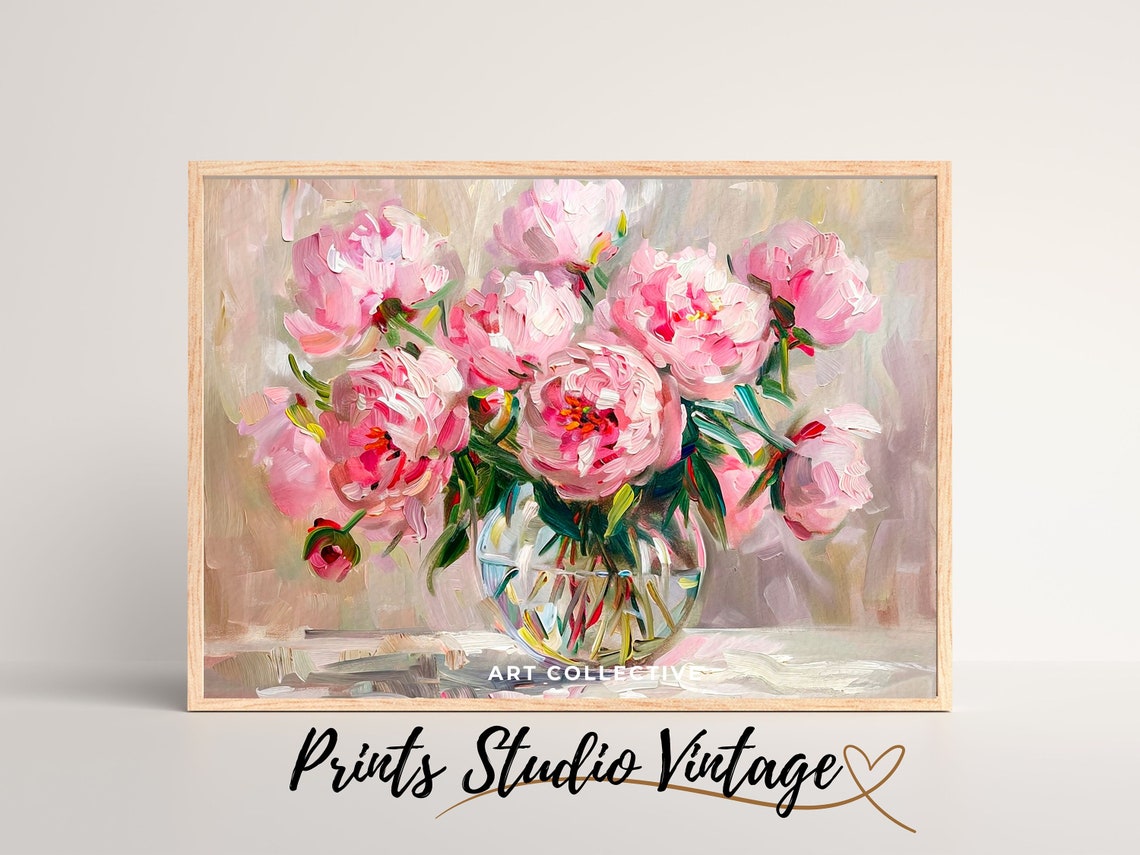 Fresh Pink Peonies Of Glass Vase Bouquet Peony Painting Peony Painting Flower Wall Art Oil Painting Wall Art - Image 3