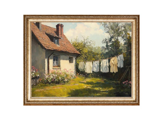 Charming Cottage in the Sunlight, Vintage Oil Print