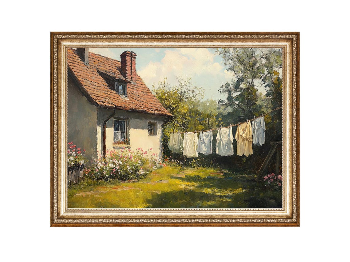 Charming Cottage in the Sunlight, Vintage Oil Print