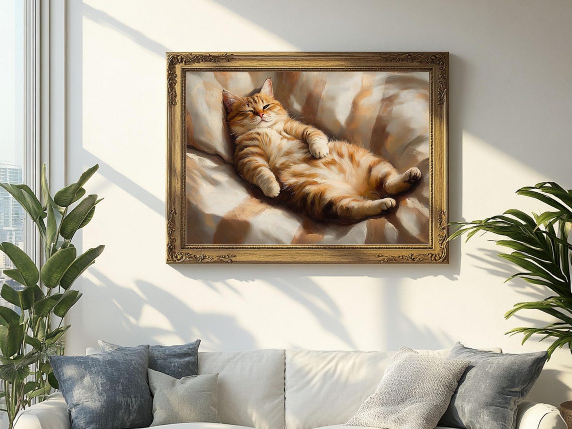 Lazy Ginger Cat on Cozy Bed, Vintage Oil Painting Print - Image 2