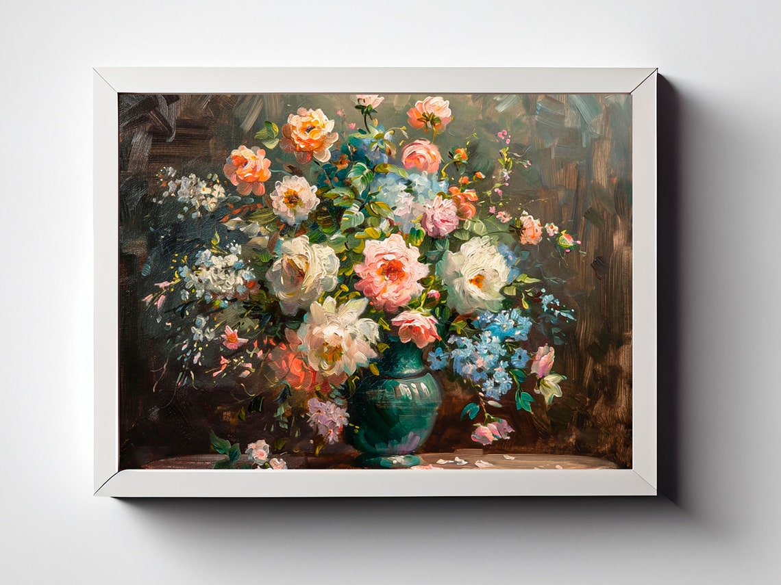 Flower Bouquet Vintage Still Life Flower Oil Painting Romantic Wall Art Summer Flowers Floral Art Flowers In Vase Flower Artwork - Image 3