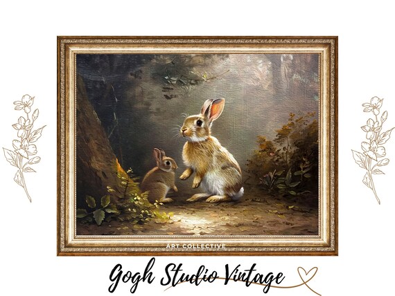 Two Young Rabbits In Sunlit Forest Vintage Animal Painting Poster