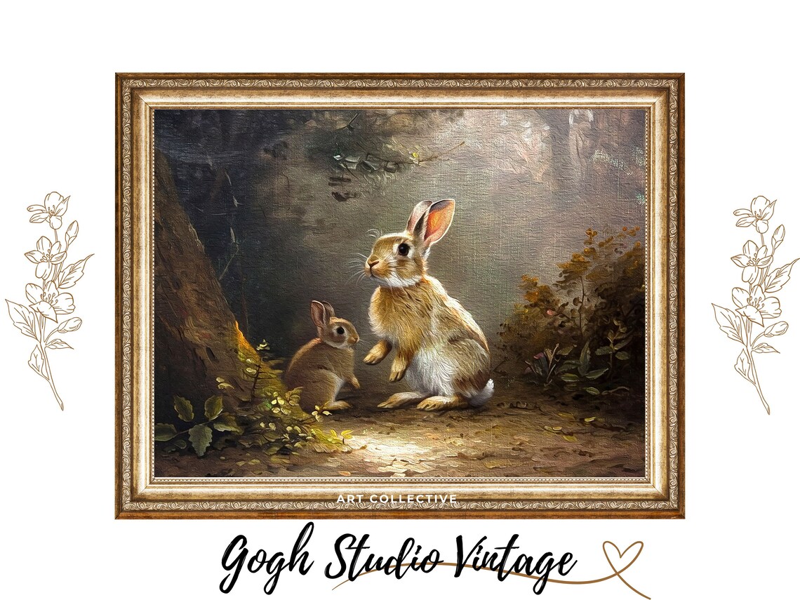 Two Young Rabbits In Sunlit Forest Vintage Animal Painting Poster