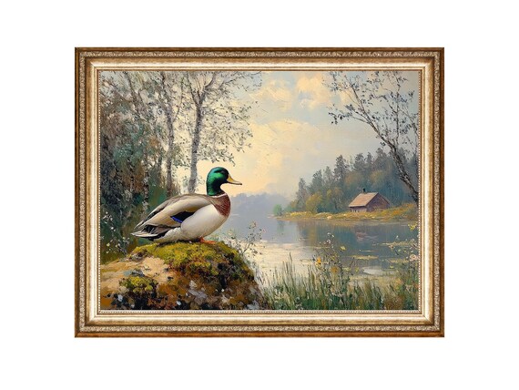 Mallard Duck by Lake Cabin, Vintage Cottagecore Art Print