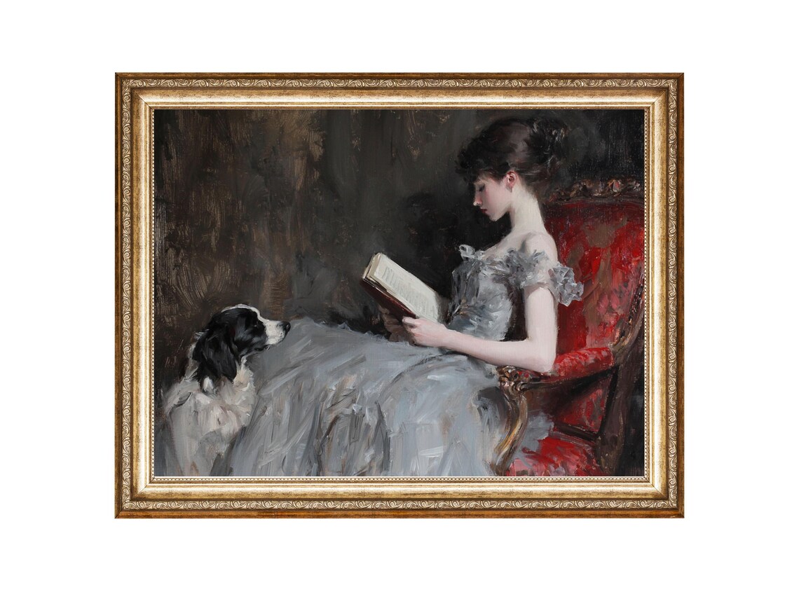 Victorian Portrait Woman And Dog, Vintage Art Print