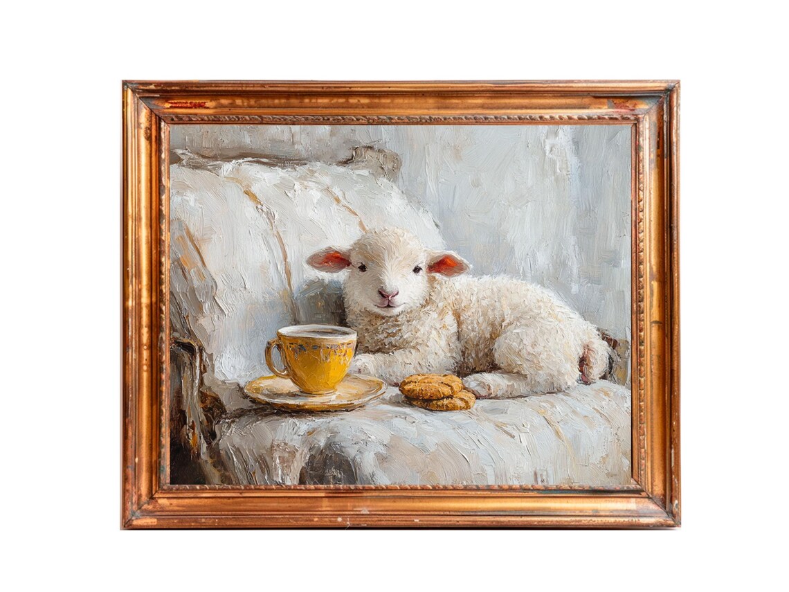 Cute Lamb Relaxing Cafe And Cookies, Vintage Art - Image 3