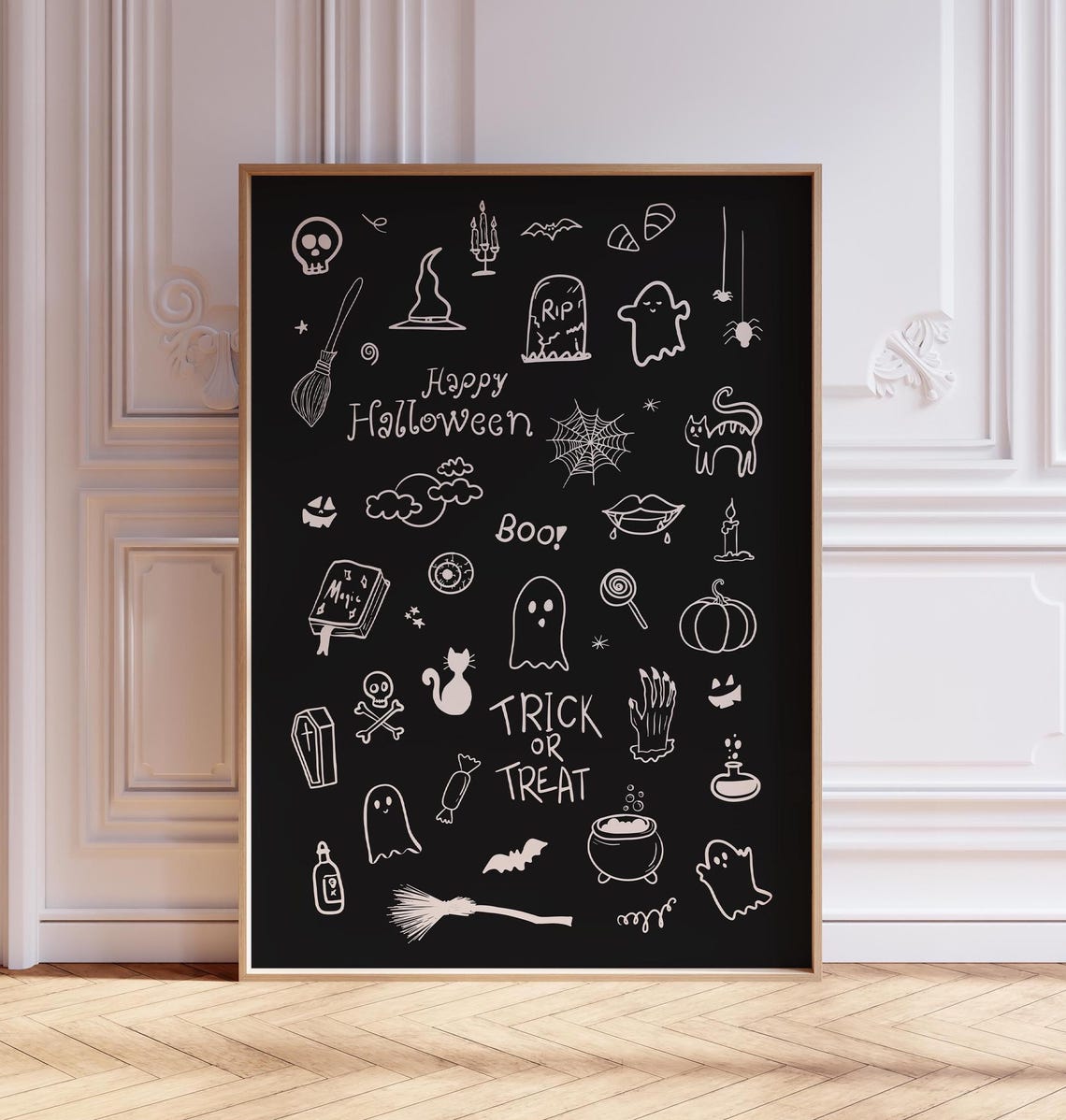 Black Happy Halloween Doodle Poster with White Ghosts and Bats - Image 3
