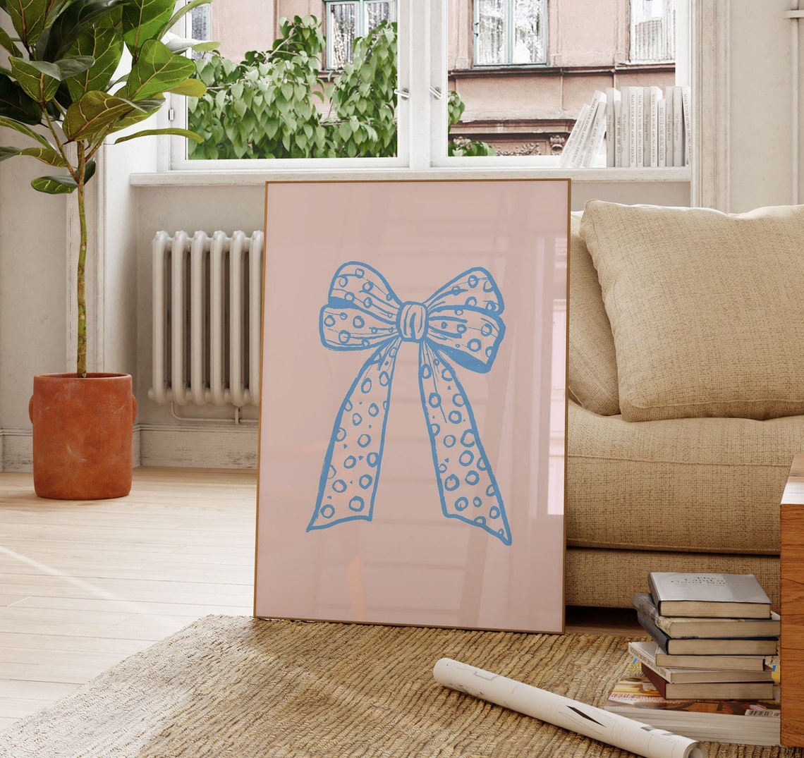 Blue Polka Dot Ribbon Bow On Pink Coquette Aesthetic Girly Poster Art - Image 2