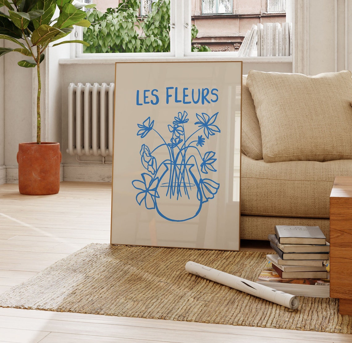 Blue Les Fleurs Flower Vase Botanical Line Art Hand Drawn Poster - Image 3