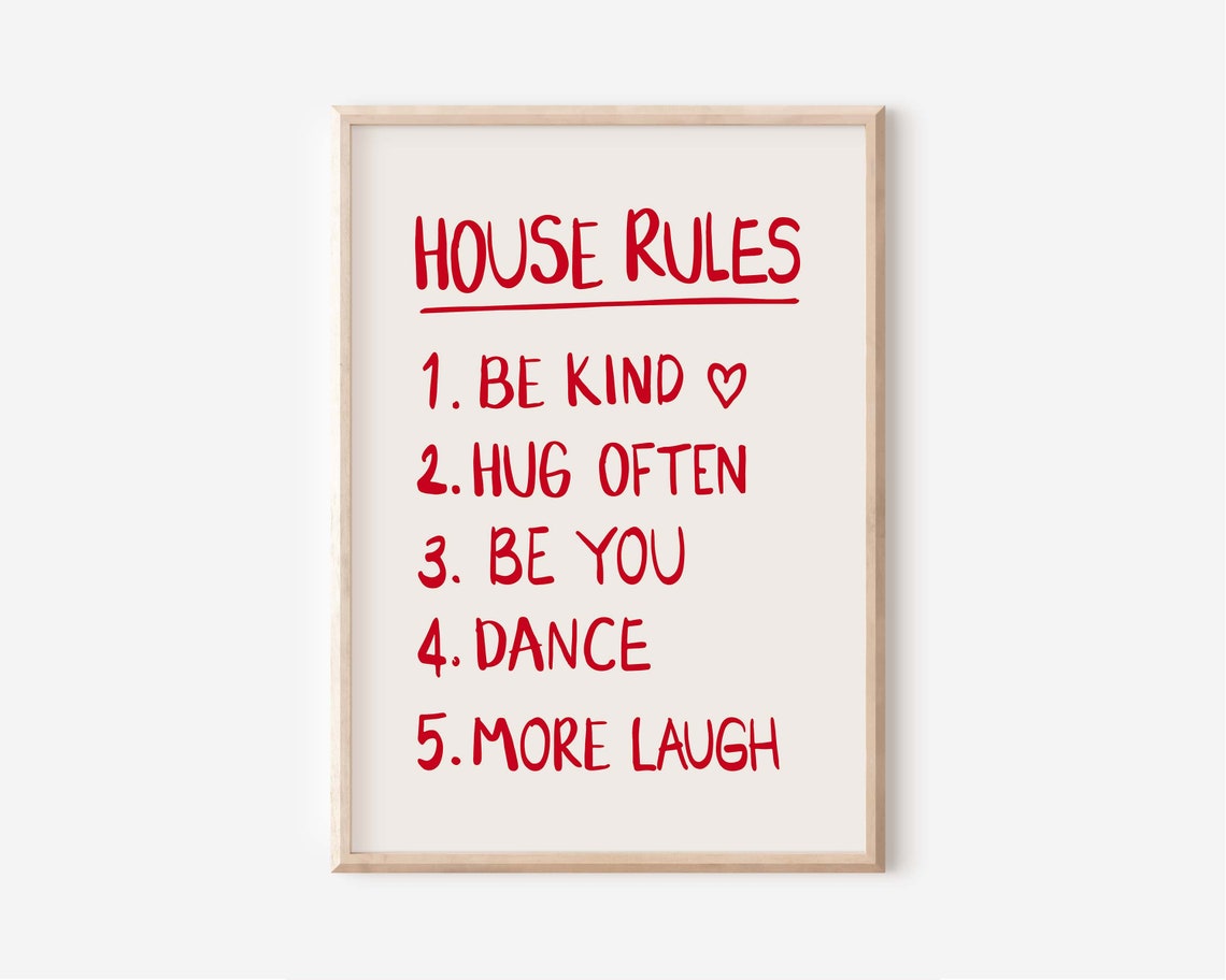 House Rules Red Retro Handwritten Quote Be Kind Dance Laugh Poster - Image 2