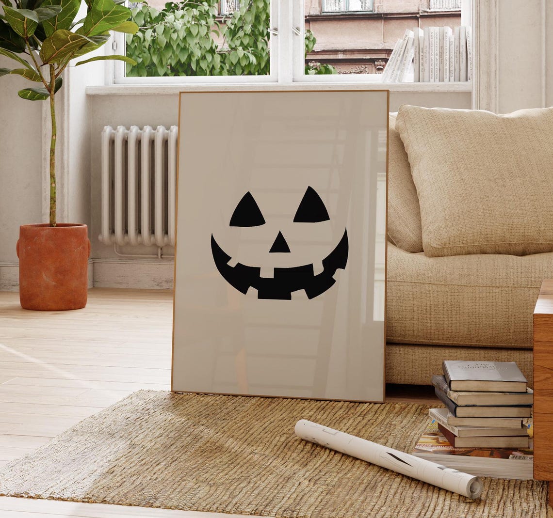 Smiley Jack O Lantern Face Minimalist Neutral Halloween Poster - Image 2