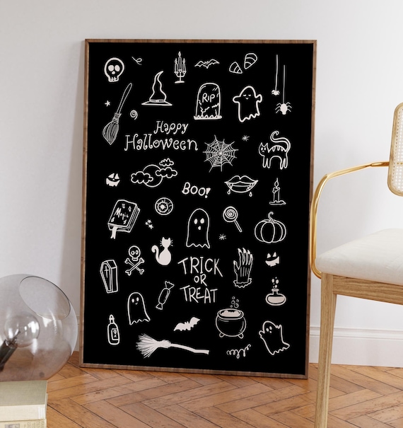 Black Happy Halloween Doodle Poster with White Ghosts and Bats