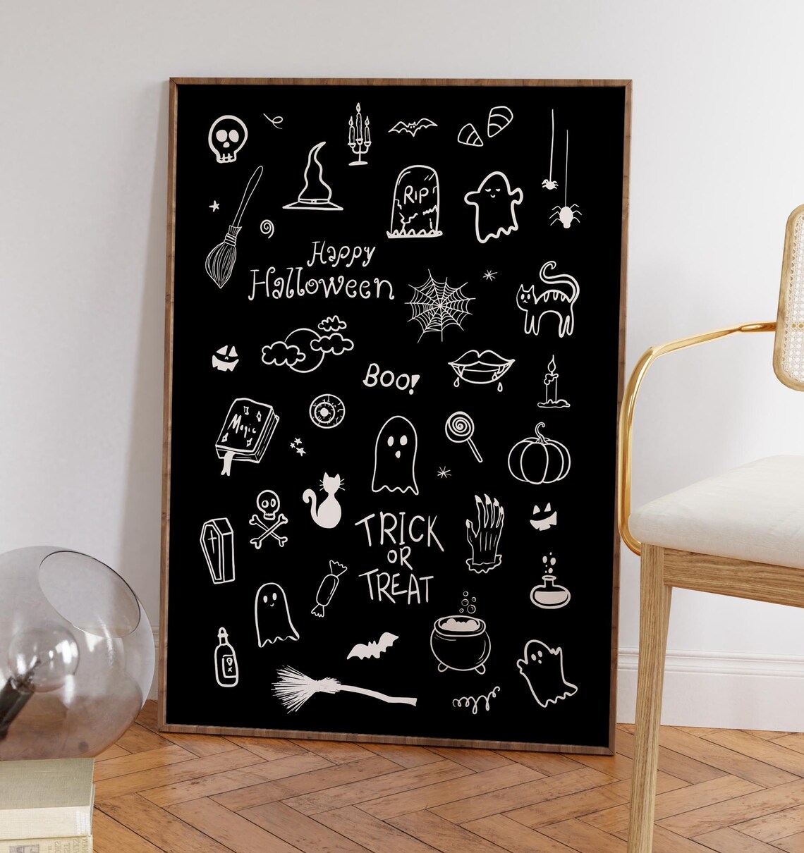 Black Happy Halloween Doodle Poster with White Ghosts and Bats