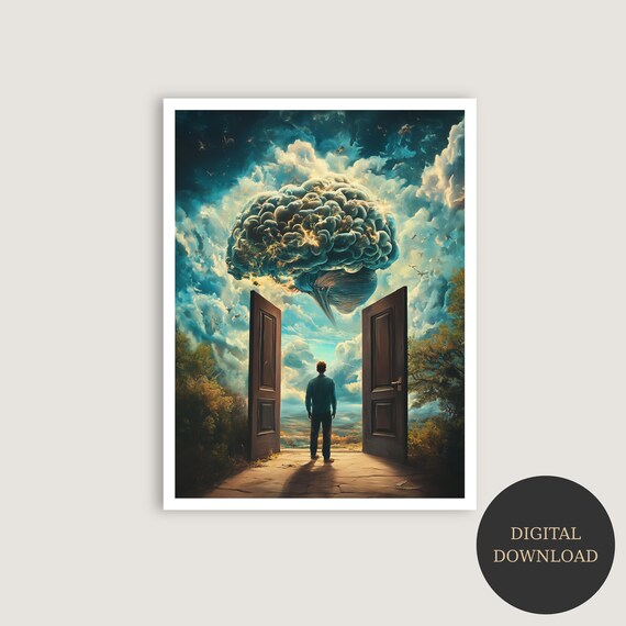 Giant Brain Over Open Doors Surreal Dreamscape Mind Art Poster