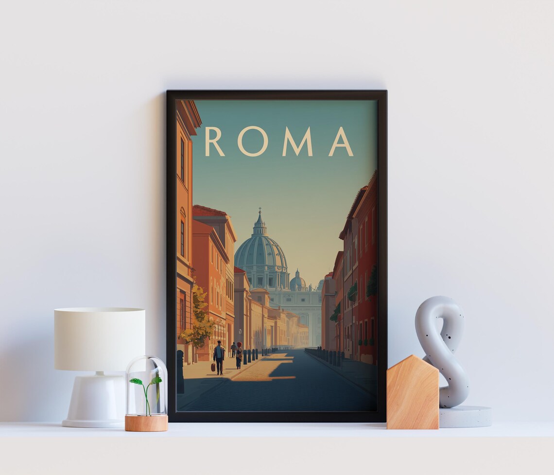 Roma Vintage Travel Poster With St Peters Basilica Dome Street View
