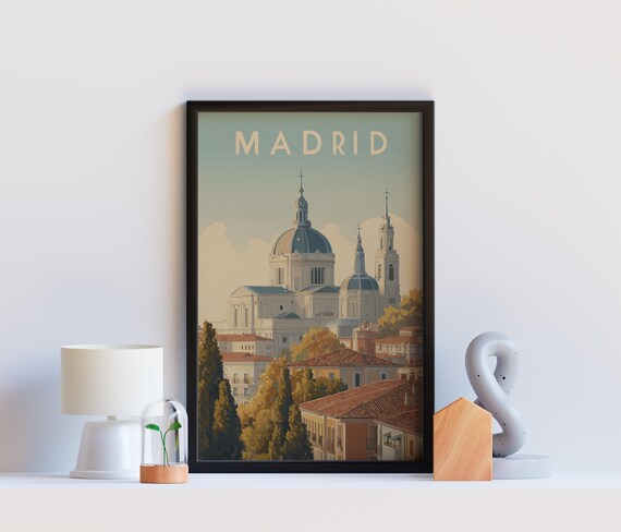 Madrid Spain Almudena Cathedral Dome Skyline Vintage Travel Poster