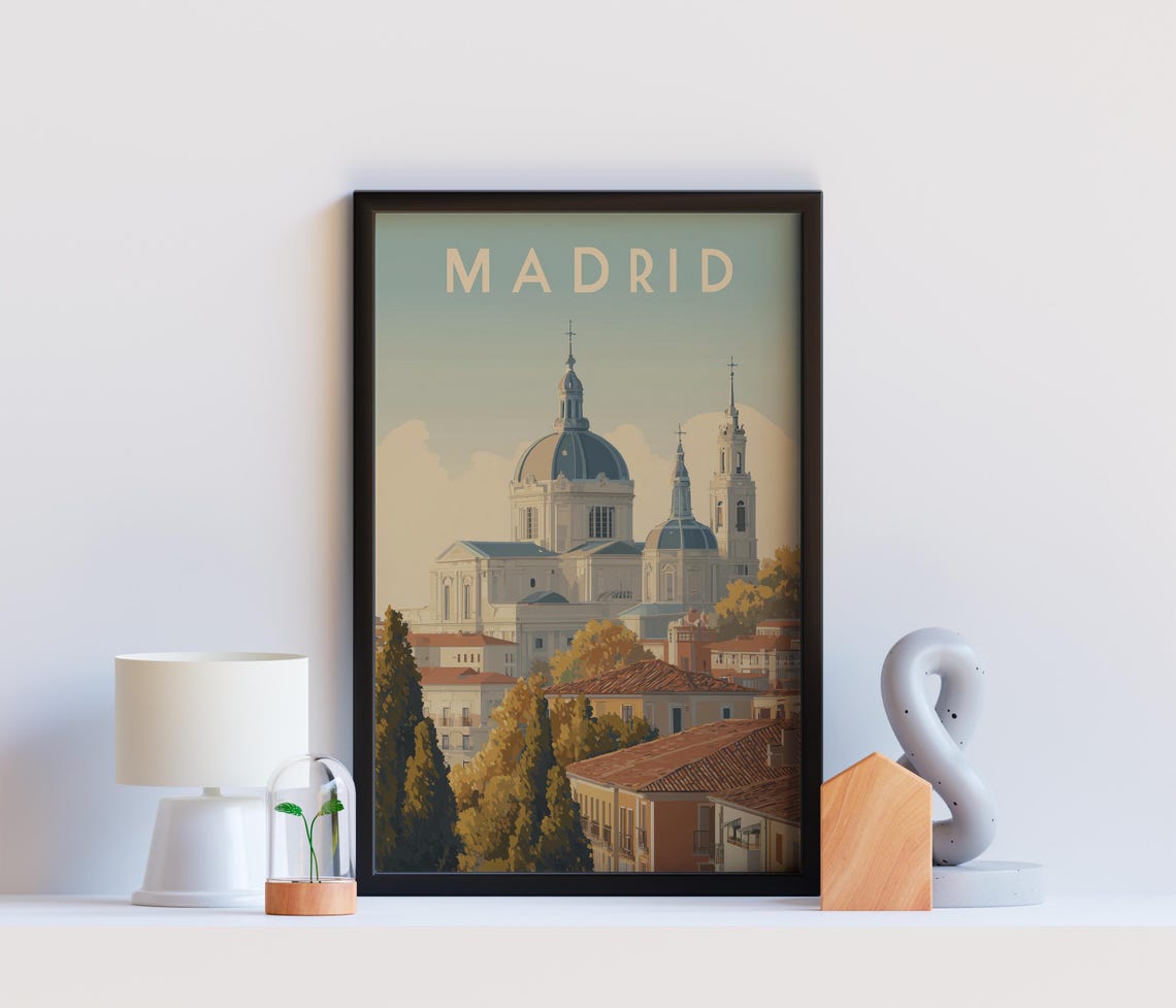 Madrid Spain Almudena Cathedral Dome Skyline Vintage Travel Poster