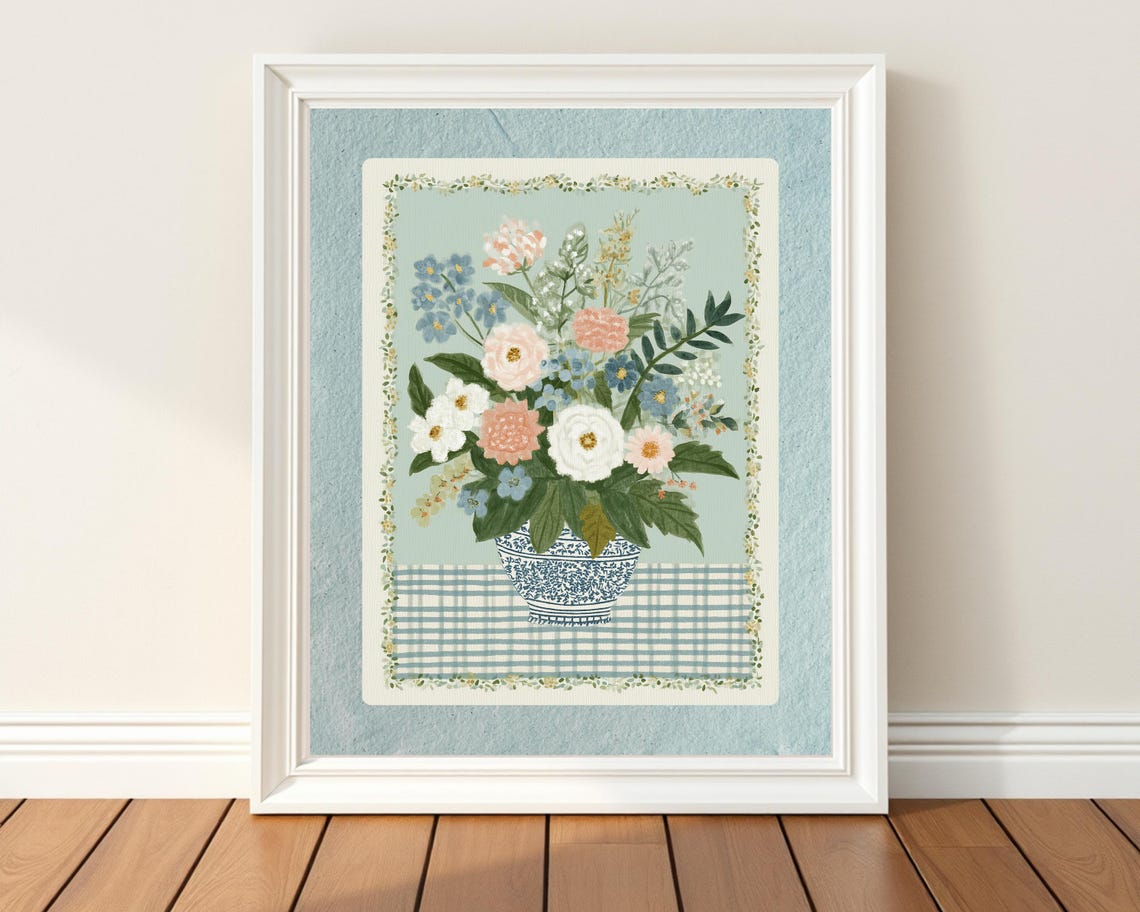 Blue Chinoiserie Floral Bouquet Grandmillennial Kitchen Poster