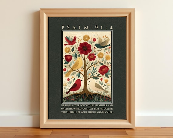 Psalm 91 4 Tree of Life Folk Art Birds Feathers Christian Verse Poster