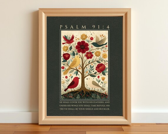 Psalm 914 Bible Verse Wall Art He Shall Cover You With His Feathers Folk Birds Flowers Vintage Christian Scripture
