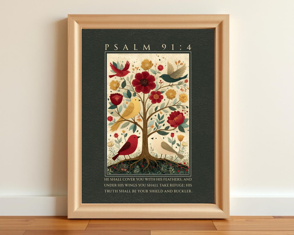Psalm 91 4 Tree of Life Folk Art Birds Feathers Christian Verse Poster