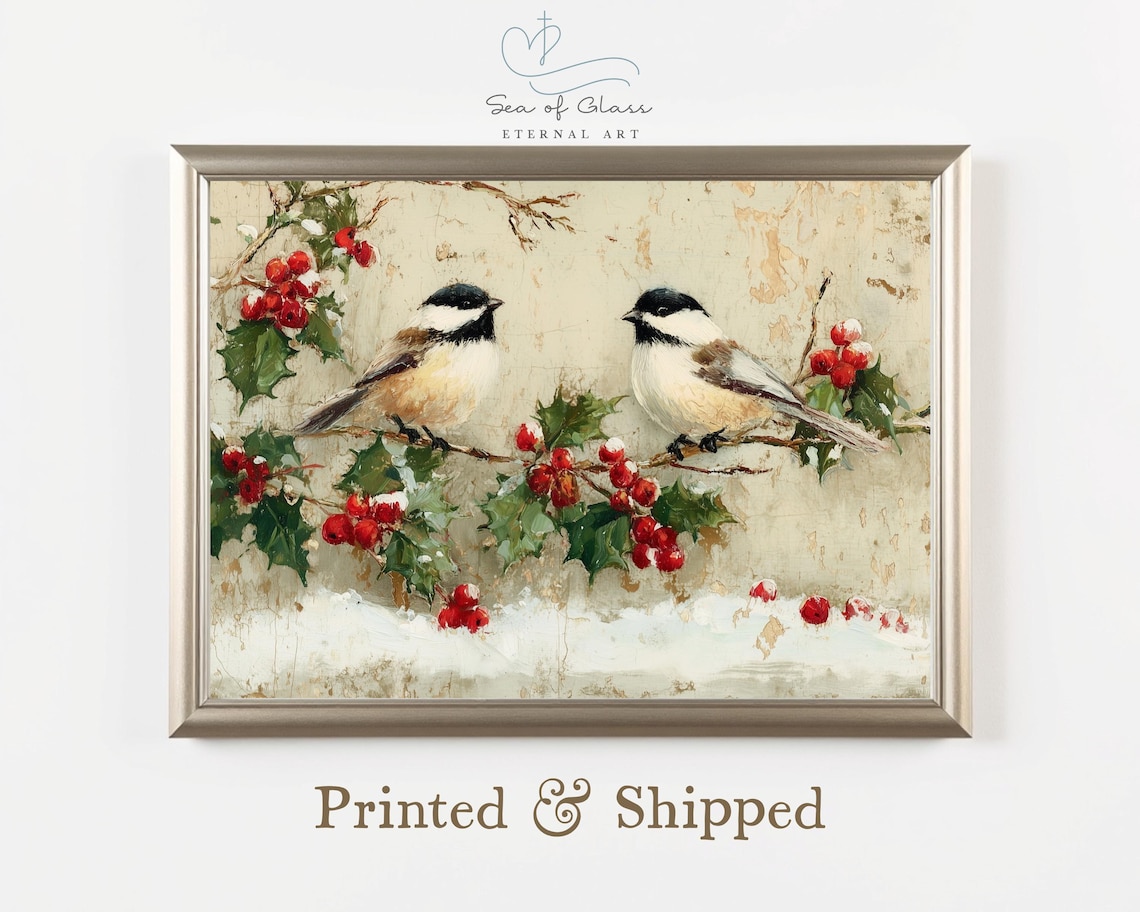 Chickadee Christmas Rustic Winter Bird Art Print