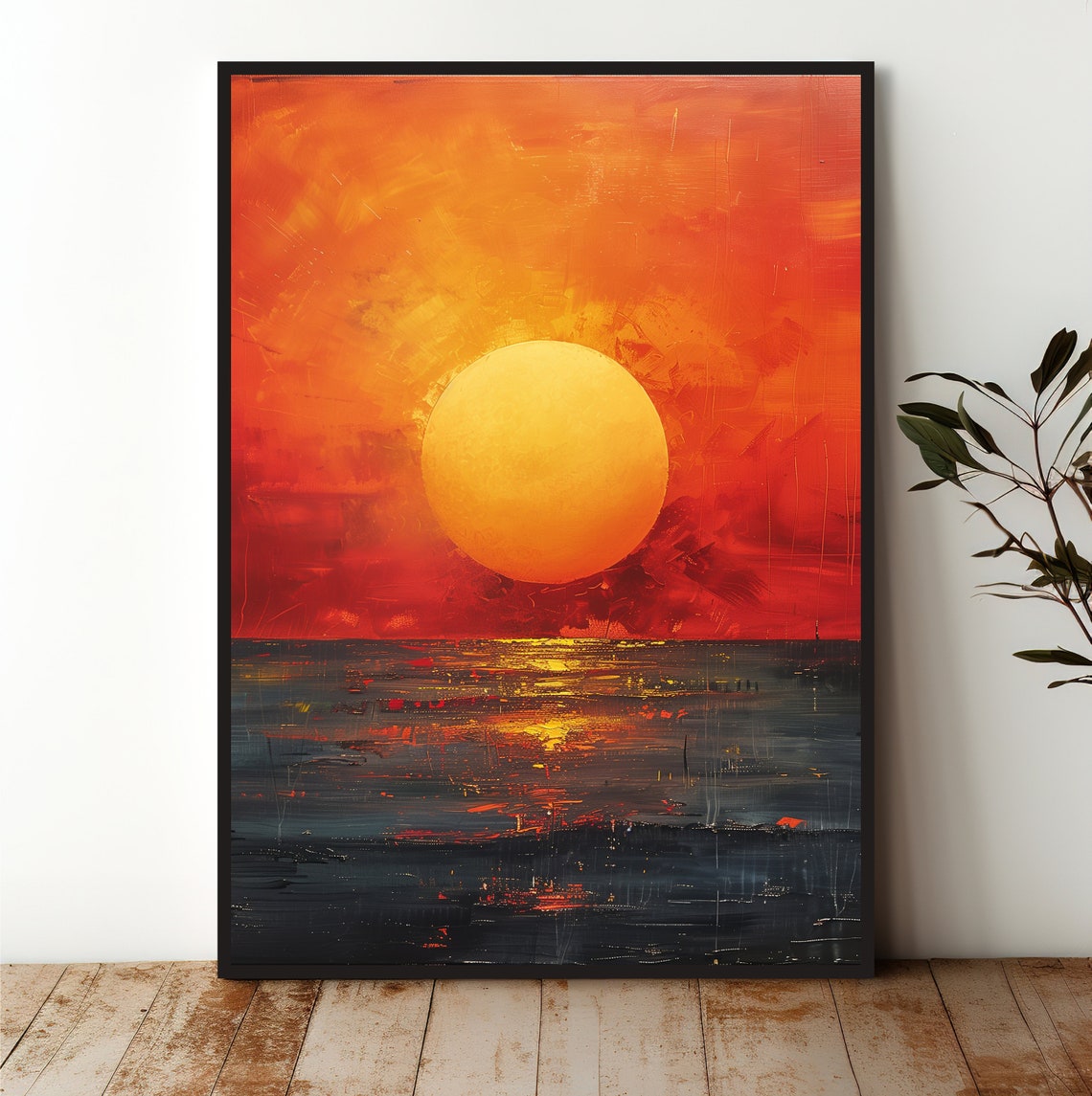 Golden Sun Dark Ocean Dramatic Fiery Sunset Seascape Art Poster