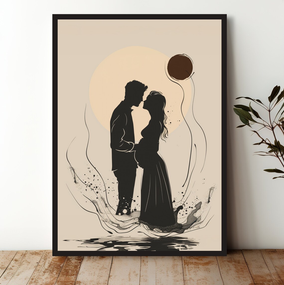 Expecting Couple Silhouette Minimalist Pregnancy Line Art Poster