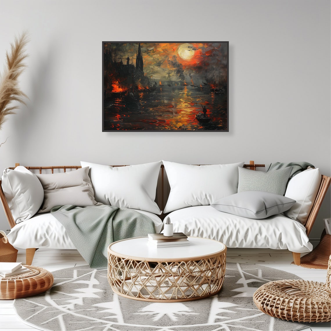 Ethereal Sunset Harbor Boats Dramatic Sky Impressionist Poster - Image 2